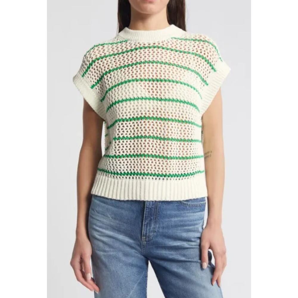 Madewell Striped Open-Stitch Sweater Vest Sz L White Green Crewneck Sheer Cotton